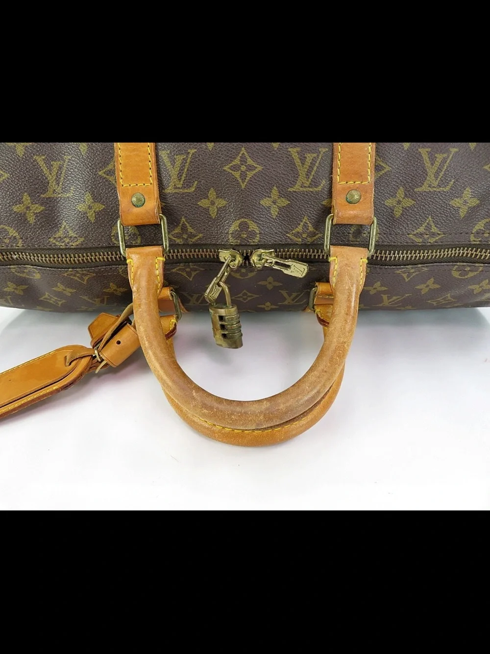 Louis Vuitton Brown Monogram Keepall Duffel with Tan Leather Trim